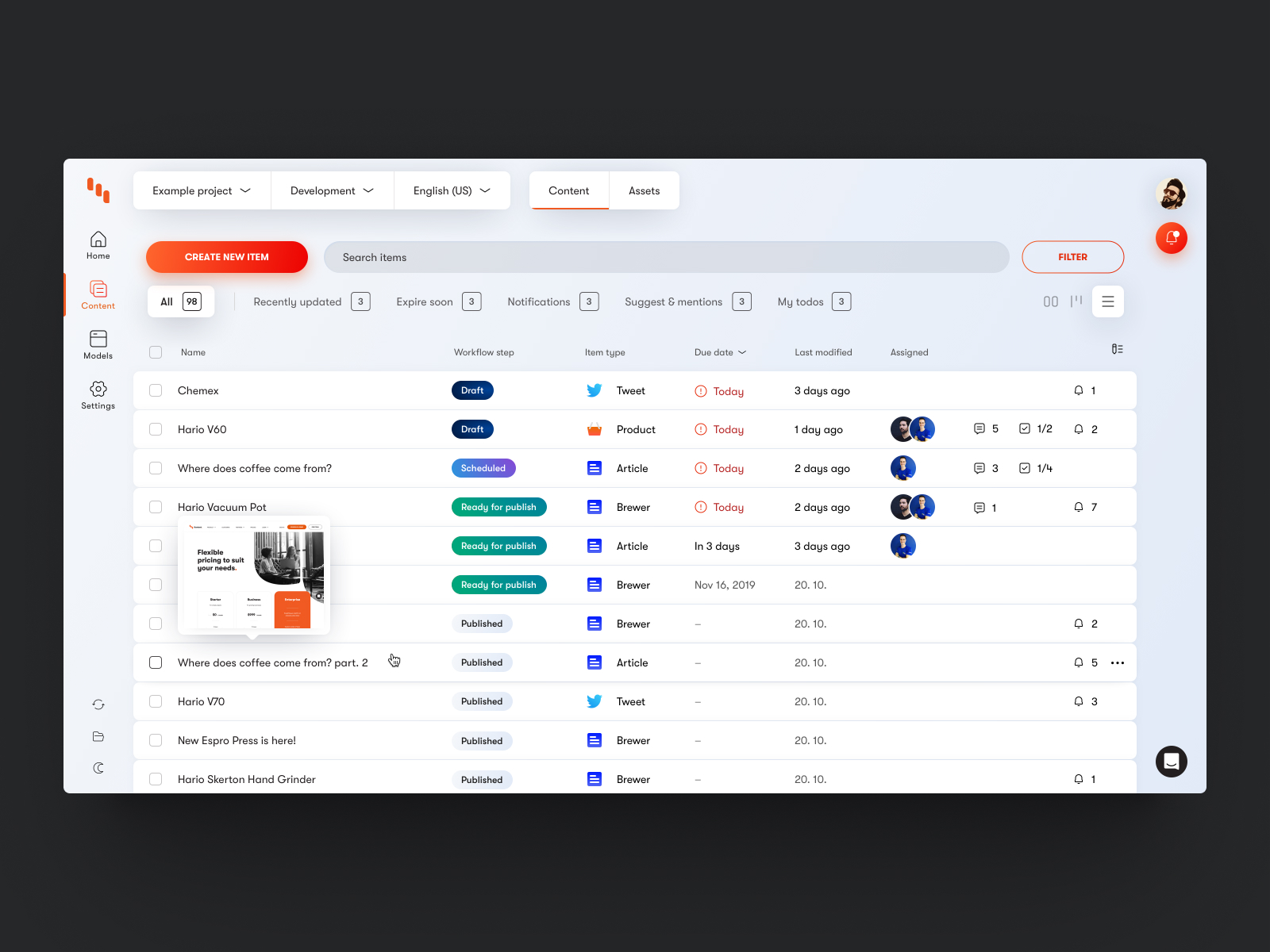 Náhled na UI Kentico Kontent